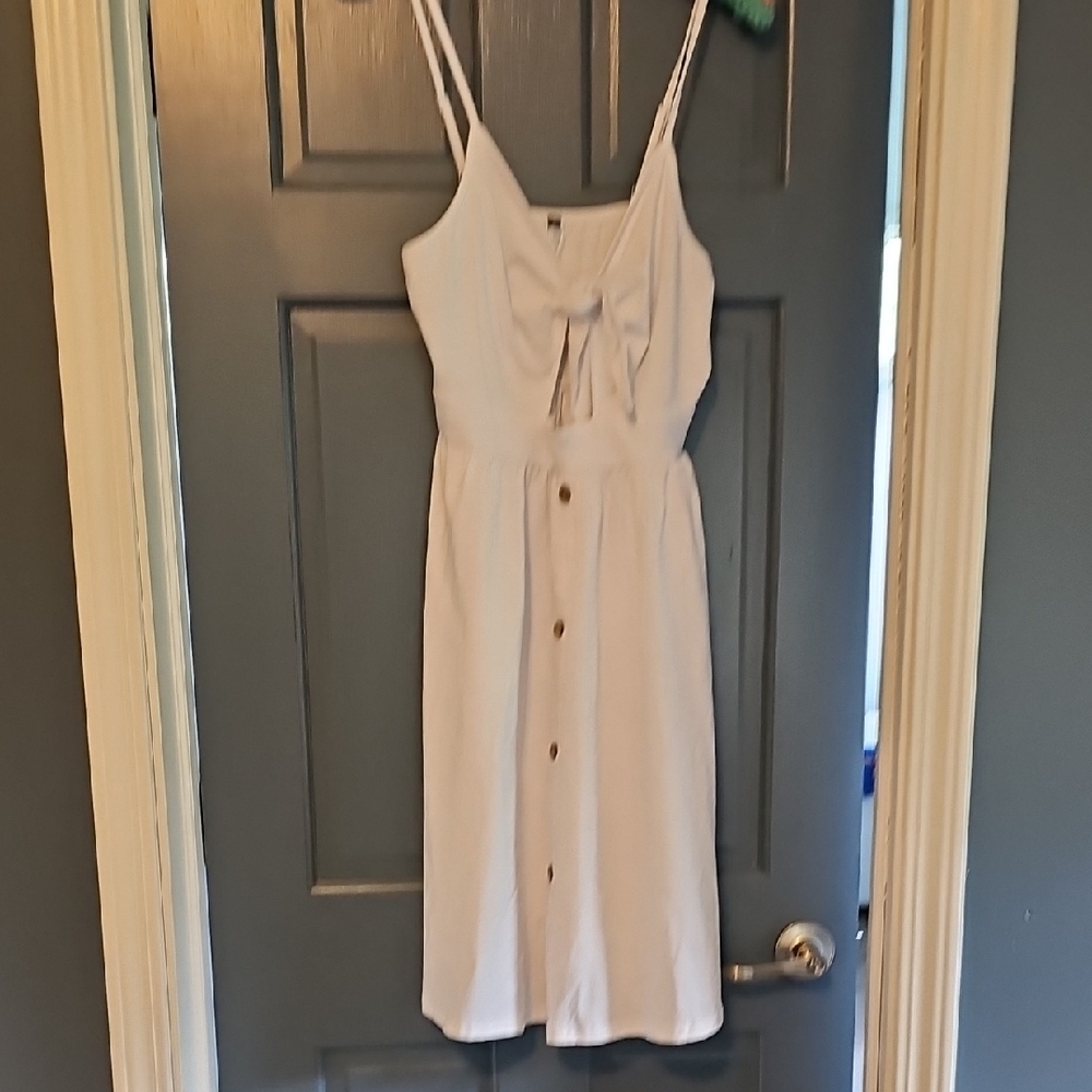 NWT White Dress Button-Down Midi Large Stretch Pockets Adjustable Votepretty